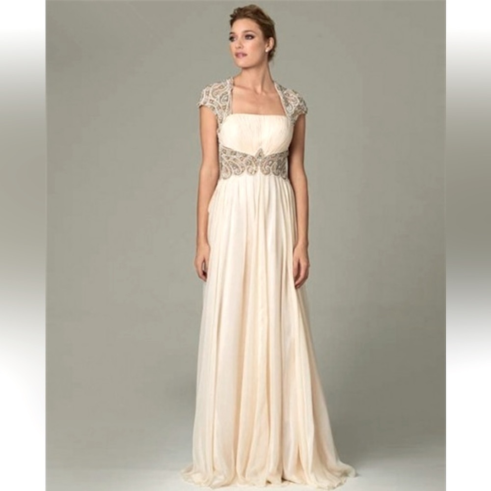 Jovani Sheath Cap Sleeve Sheer Illusion Back Chiffon Beaded Prom Evening Dress 8